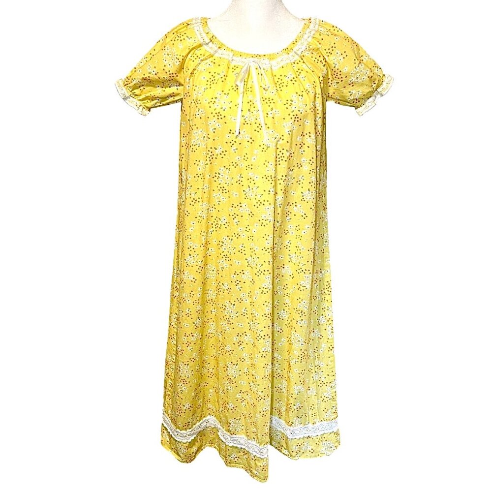 Girl’s Ditsy Floral Butter Yellow Puff-Sleeve Long Prairie Dress Nightgown Sz 10
